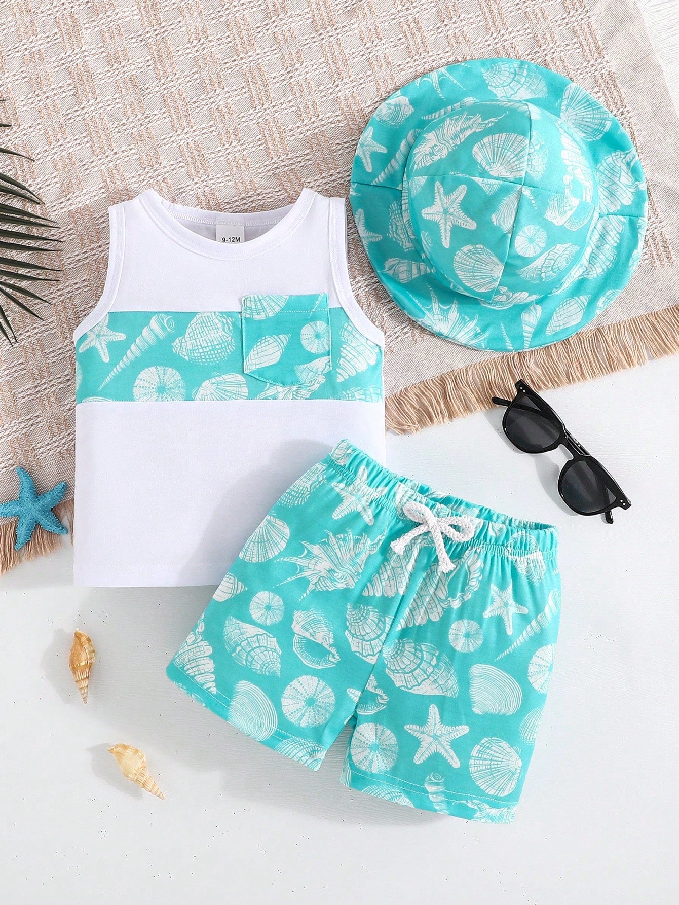 3pcs Baby Boys Shell Print Vest, Shorts & Bucket Hat - Aqua