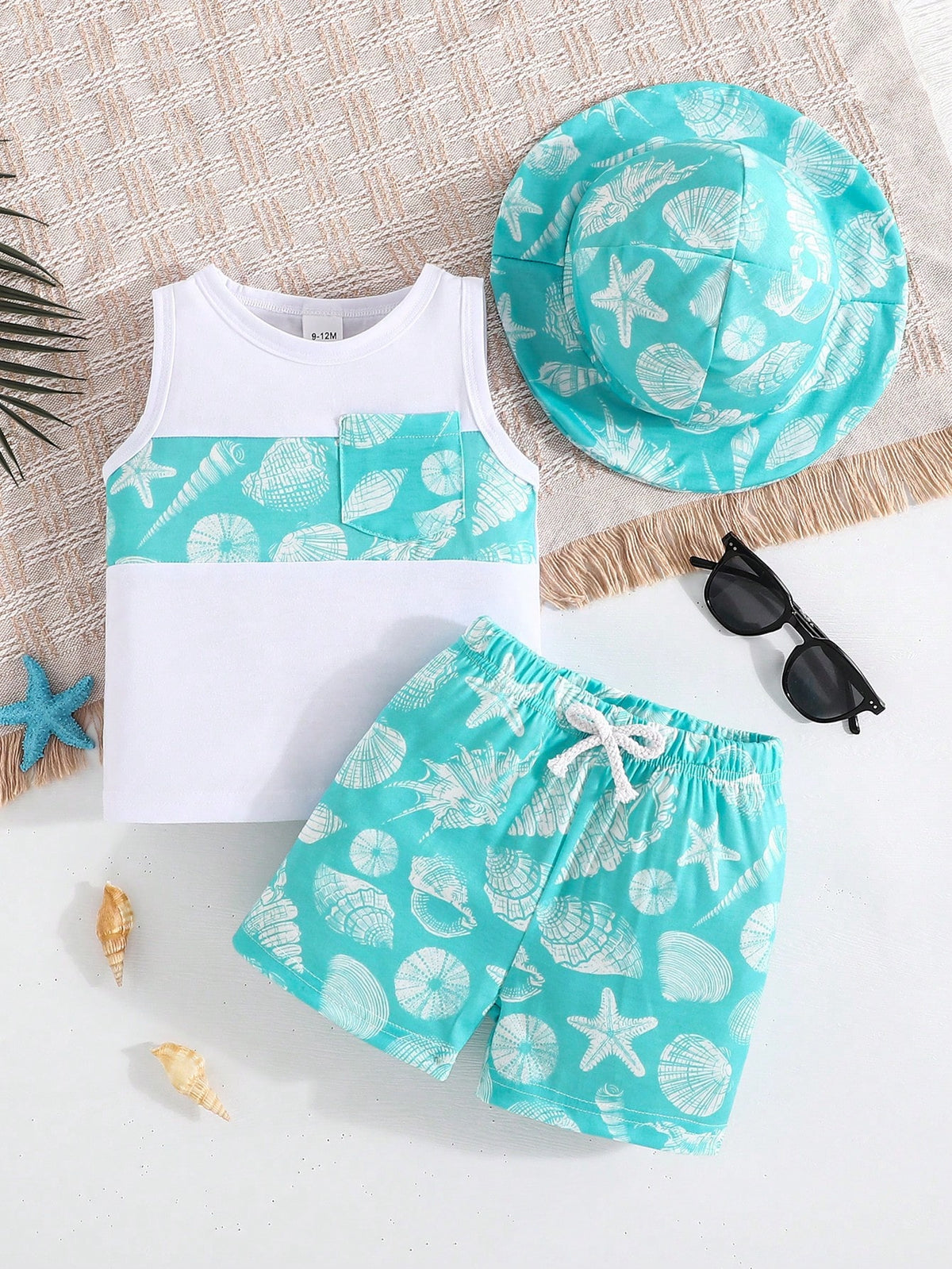 3pcs Baby Boys Shell Print Vest, Shorts & Bucket Hat - Aqua