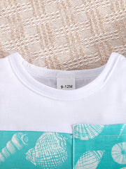 3pcs Baby Boys Shell Print Vest, Shorts & Bucket Hat - Aqua