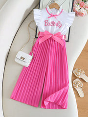 Girls Butterfly Ruffle Top & Pleated Wide-Leg Pants - Fuchsia