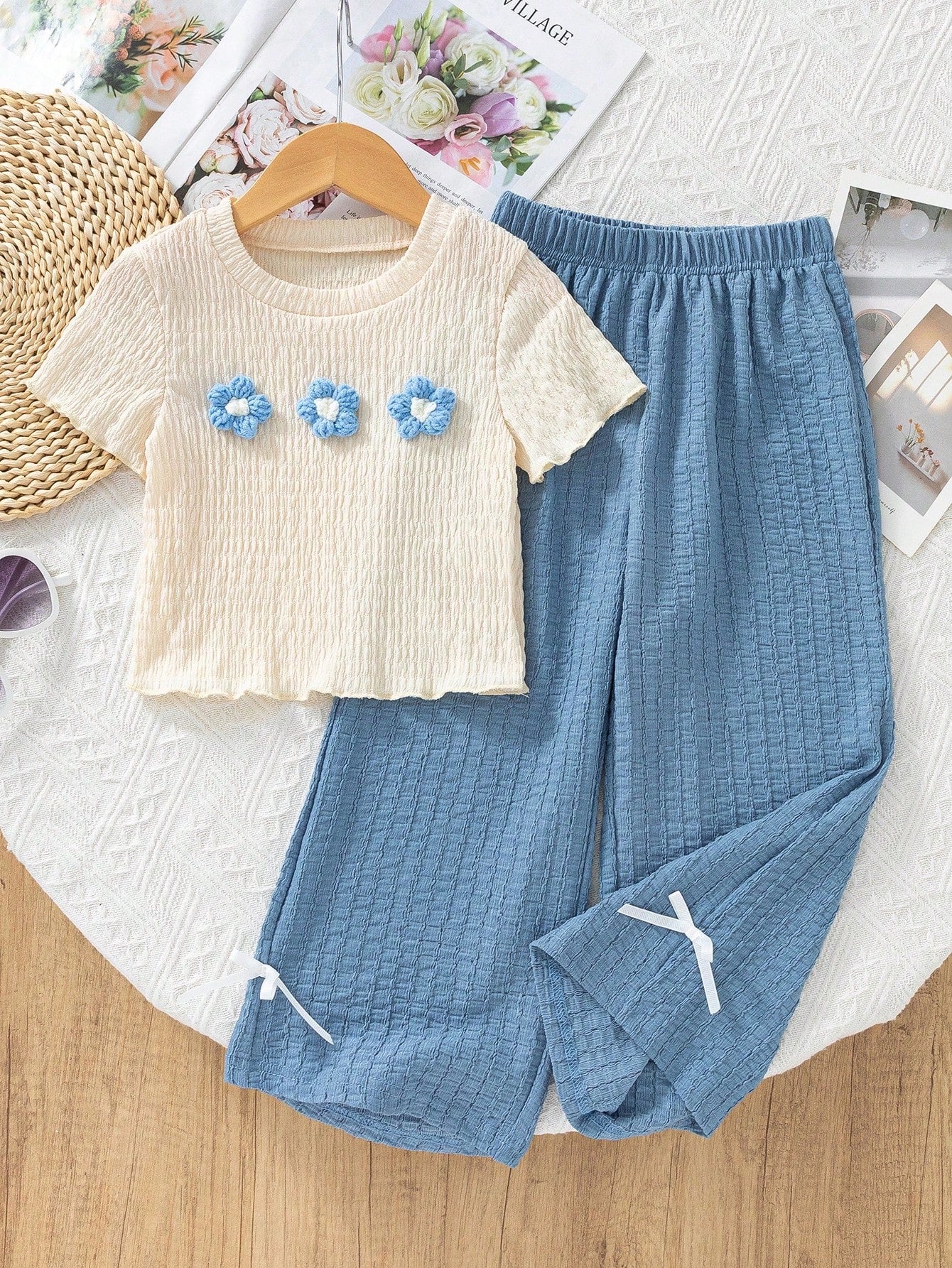 2pcs Little Girls Crochet Flower Tee & Wide-Leg Pants Set - Cerulea...
