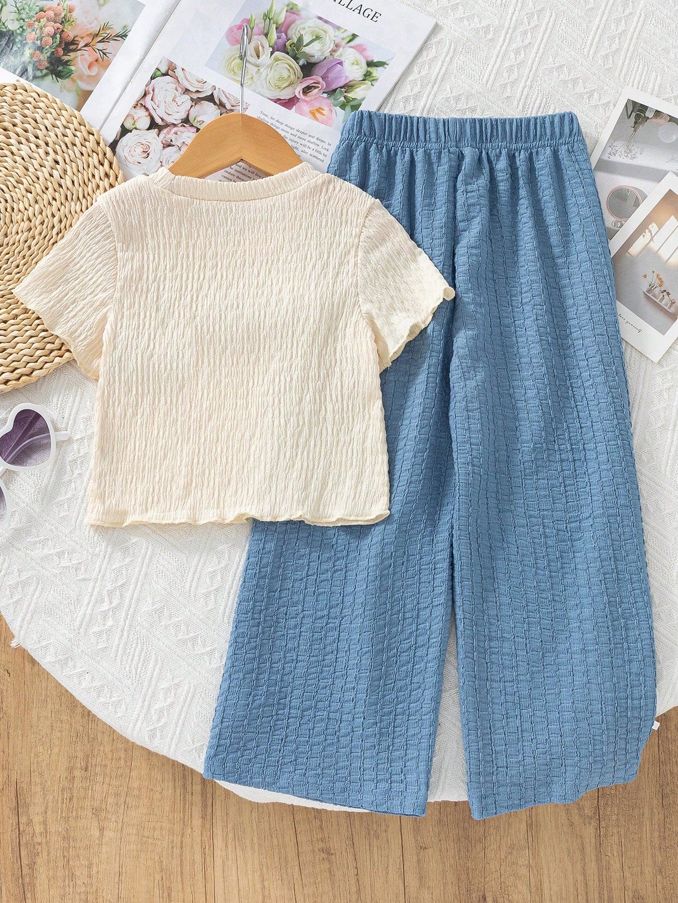 2pcs Little Girls Crochet Flower Tee & Wide-Leg Pants Set - Cerulea...