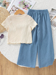 2pcs Little Girls Crochet Flower Tee & Wide-Leg Pants Set - Cerulea...