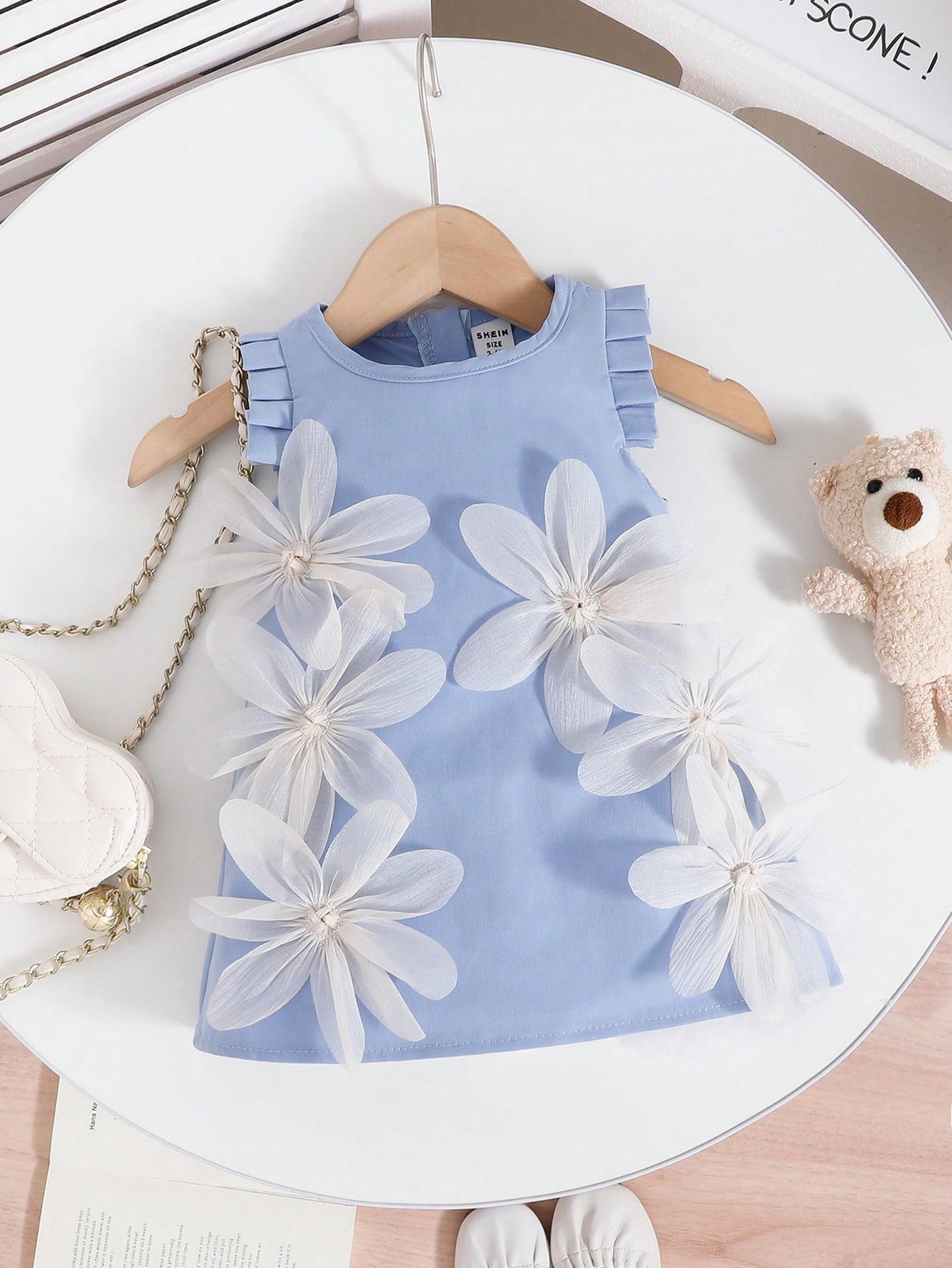 Girls 3D Floral Appliqué Ruffle Sleeve Mini Dress - Periwinkle | 21...