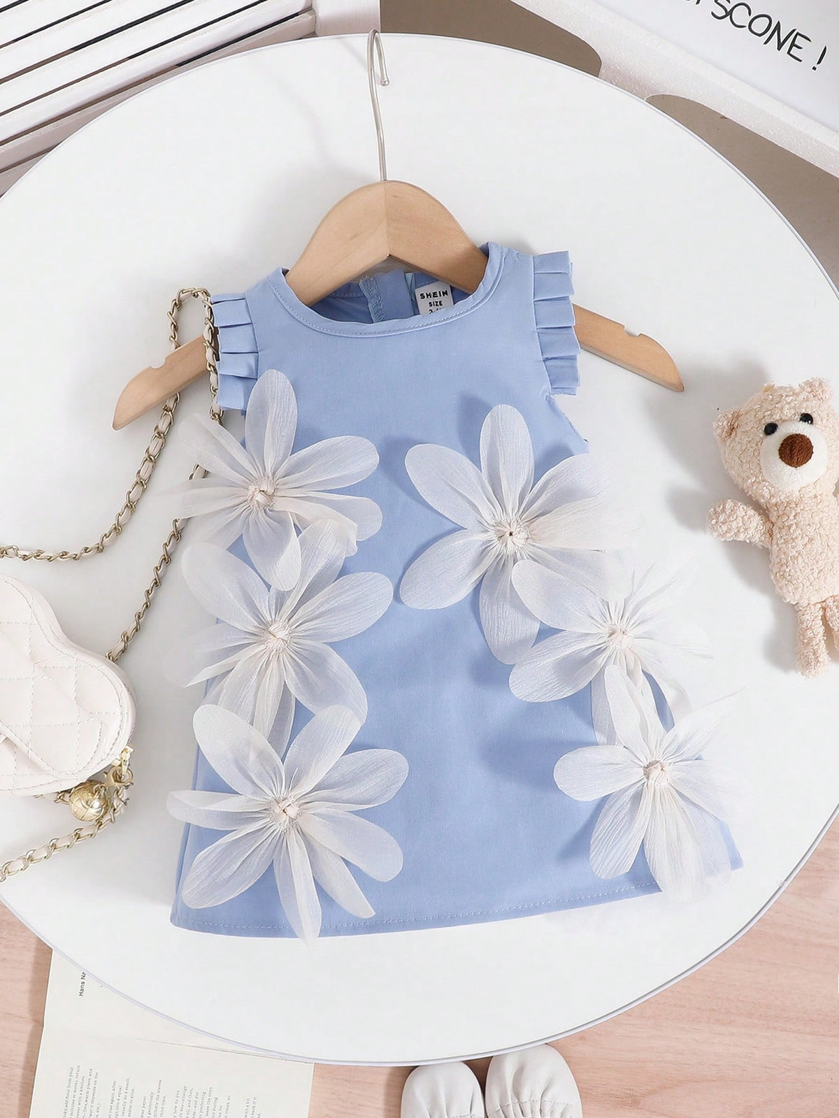 Girls 3D Floral Appliqué Ruffle Sleeve Mini Dress - Periwinkle | 21...