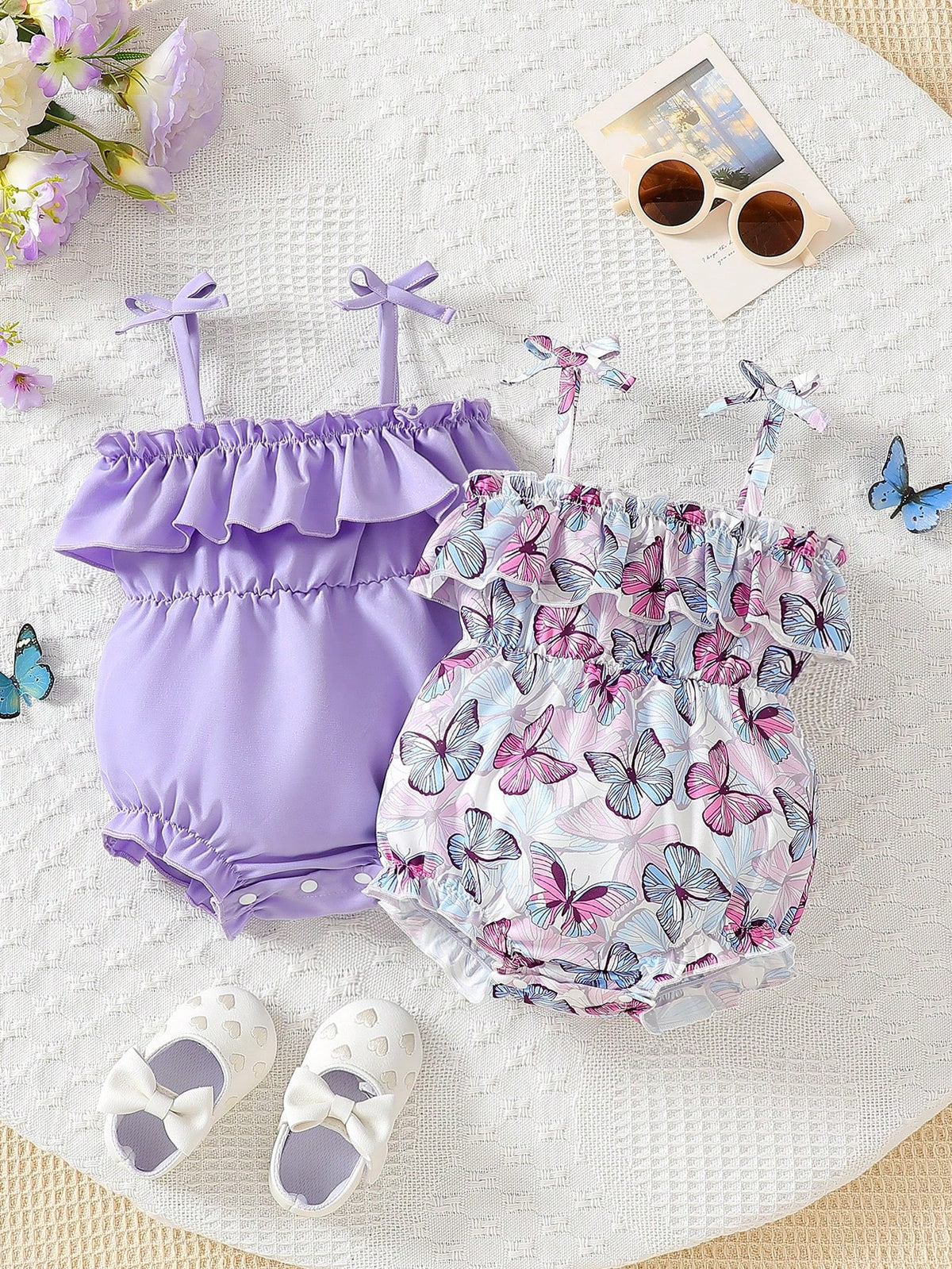 2pcs Baby Girls Butterfly Print Ruffle Bodysuit Set - Wisteria | 21...