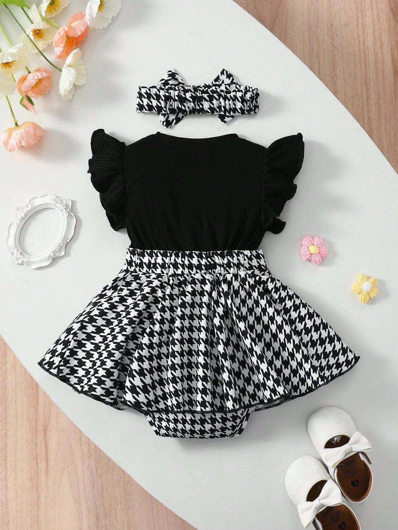 2pcs Baby Girls Houndstooth Romper Dress & Headband Set - Onyx | 21...