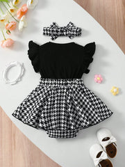 2pcs Baby Girls Houndstooth Romper Dress & Headband Set - Onyx | 21...