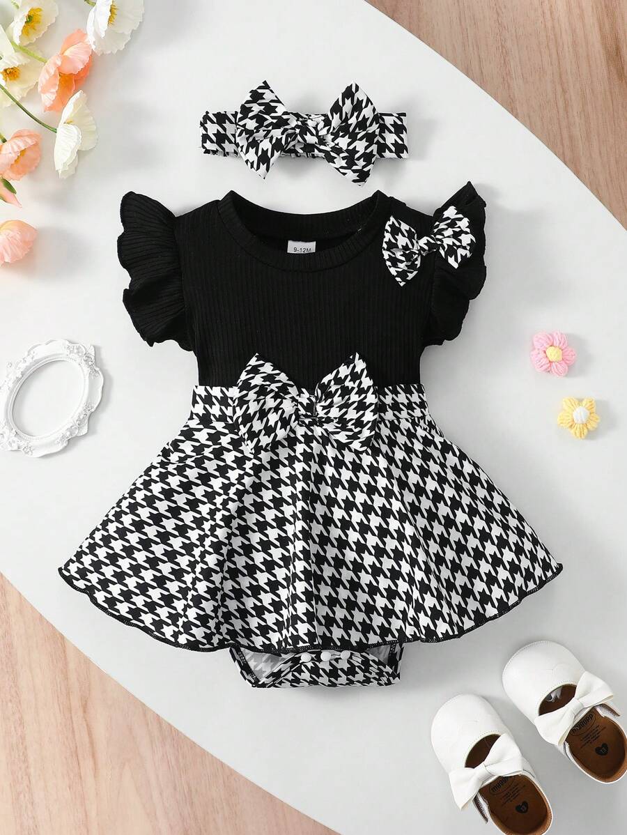 2pcs Baby Girls Houndstooth Romper Dress & Headband Set - Onyx | 21...