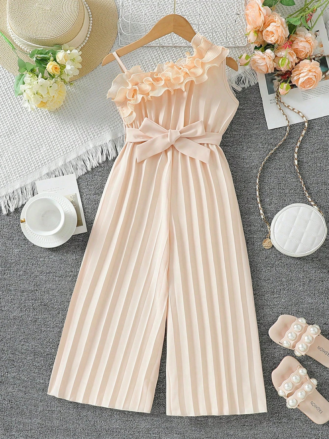 Girls Ruffle Asymmetric Collar Pleated Wide-Leg Jumpsuit - Blush