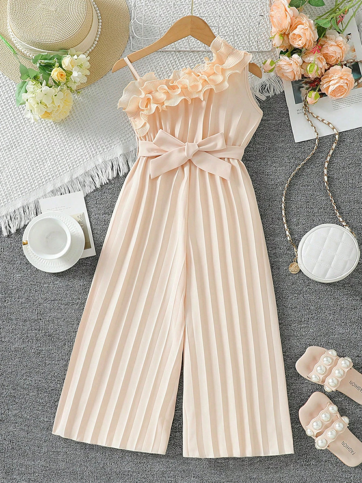Girls Ruffle Asymmetric Collar Pleated Wide-Leg Jumpsuit - Blush