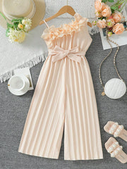 Girls Ruffle Asymmetric Collar Pleated Wide-Leg Jumpsuit - Blush