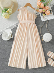 Girls Ruffle Asymmetric Collar Pleated Wide-Leg Jumpsuit - Blush