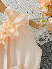 Girls Ruffle Asymmetric Collar Pleated Wide-Leg Jumpsuit - Blush