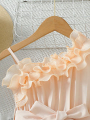 Girls Ruffle Asymmetric Collar Pleated Wide-Leg Jumpsuit - Blush