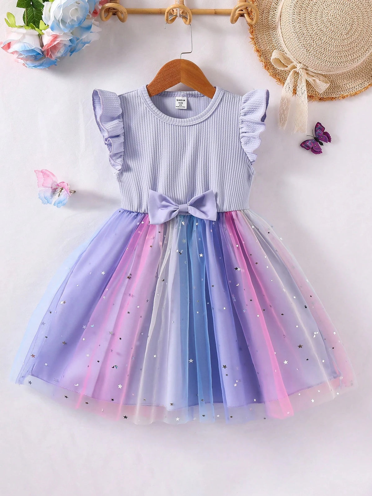 Girls Ribbed Flutter Sleeve Star Tulle Dress - Periwinkle | 21 Cent...