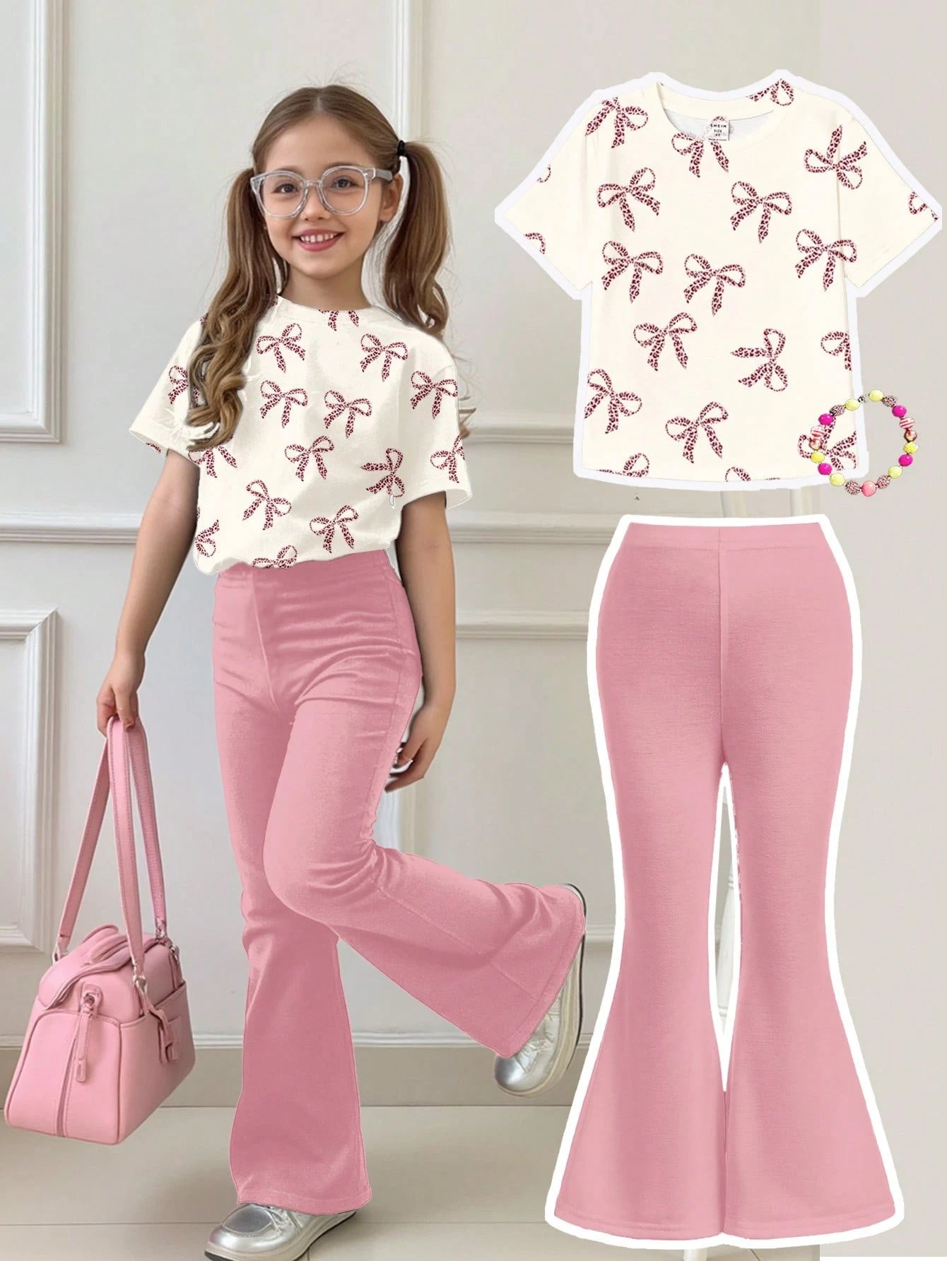 2pcs Little Girls Leopard Bow Print Tee & Flare Pants Set - Blush |...