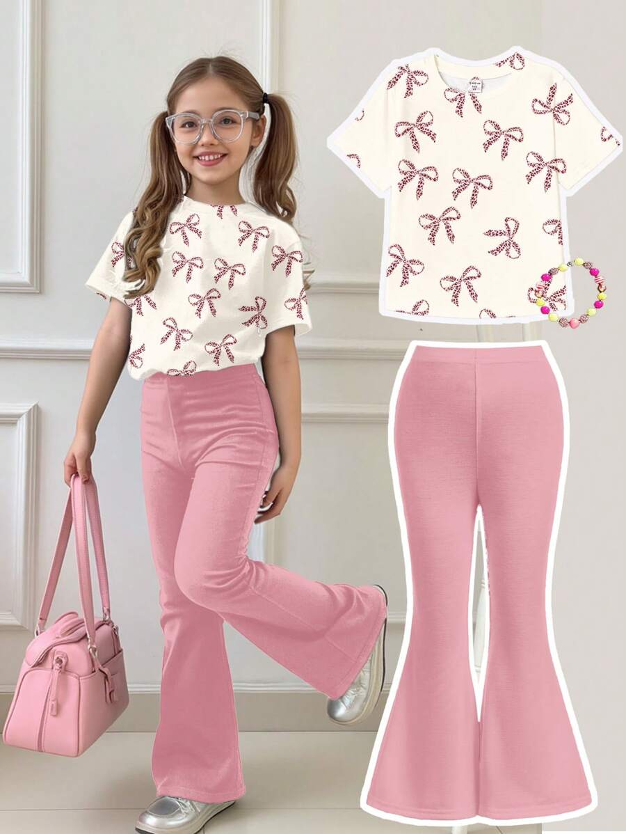 2pcs Little Girls Leopard Bow Print Tee & Flare Pants Set - Blush |...