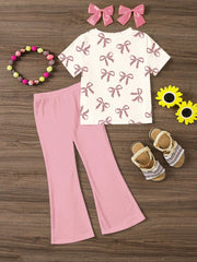 2pcs Little Girls Leopard Bow Print Tee & Flare Pants Set - Blush |...