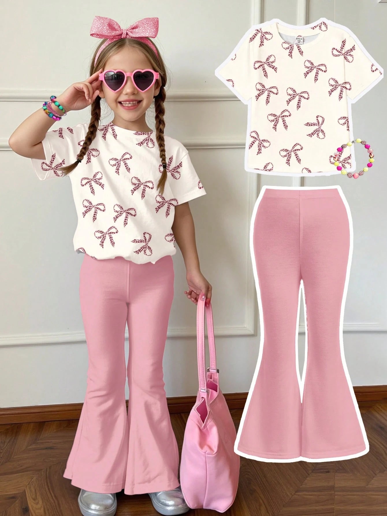 2pcs Little Girls Leopard Bow Print Tee & Flare Pants Set - Blush |...