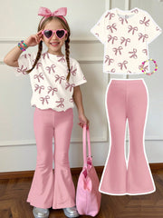 2pcs Little Girls Leopard Bow Print Tee & Flare Pants Set - Blush |...