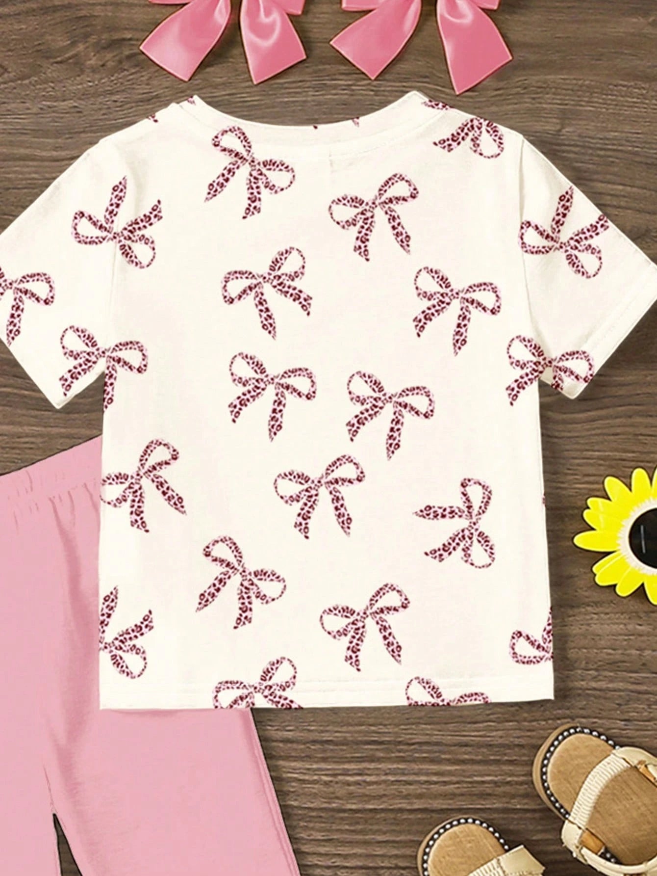 2pcs Little Girls Leopard Bow Print Tee & Flare Pants Set - Blush |...