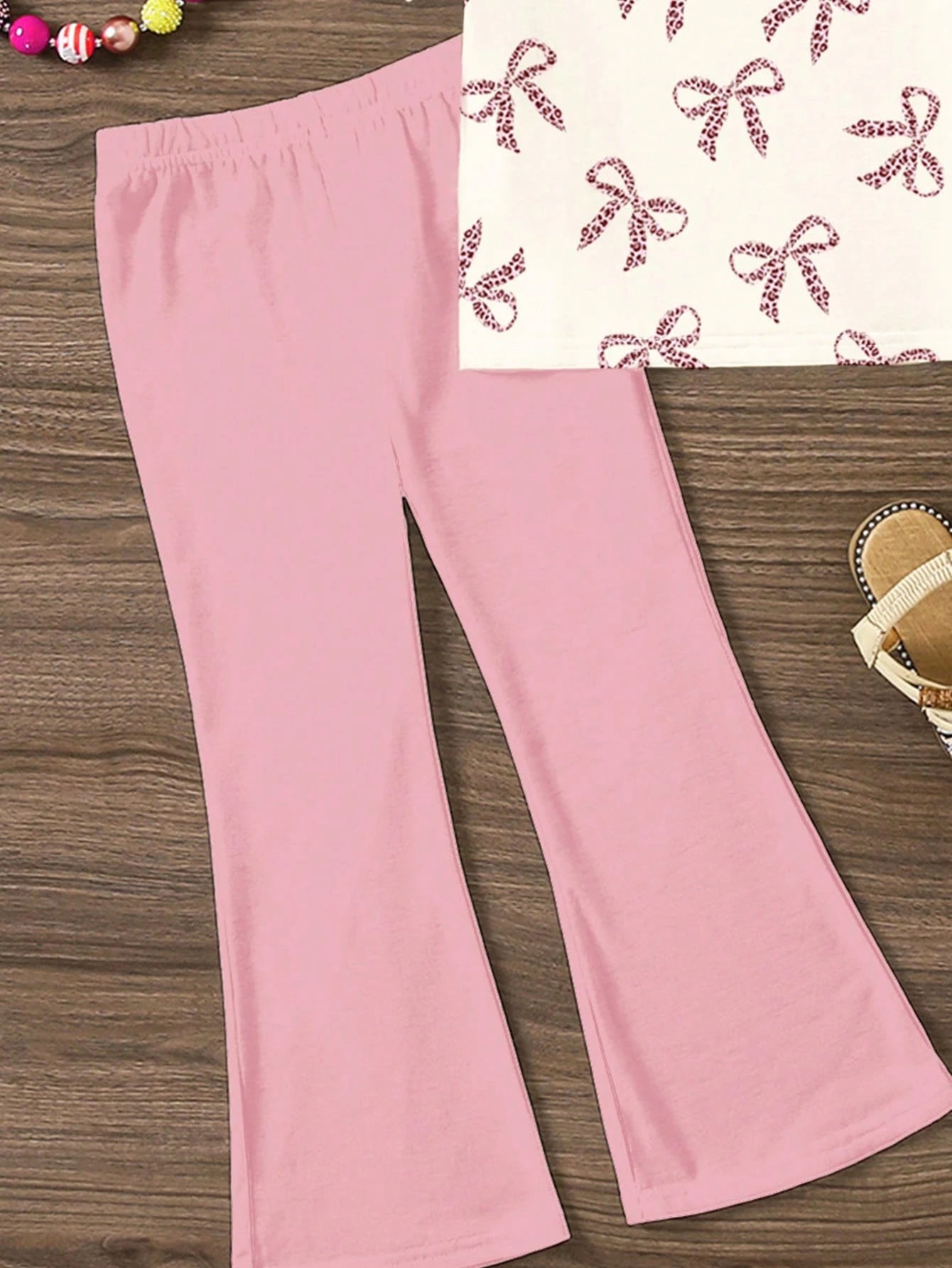 2pcs Little Girls Leopard Bow Print Tee & Flare Pants Set - Blush |...