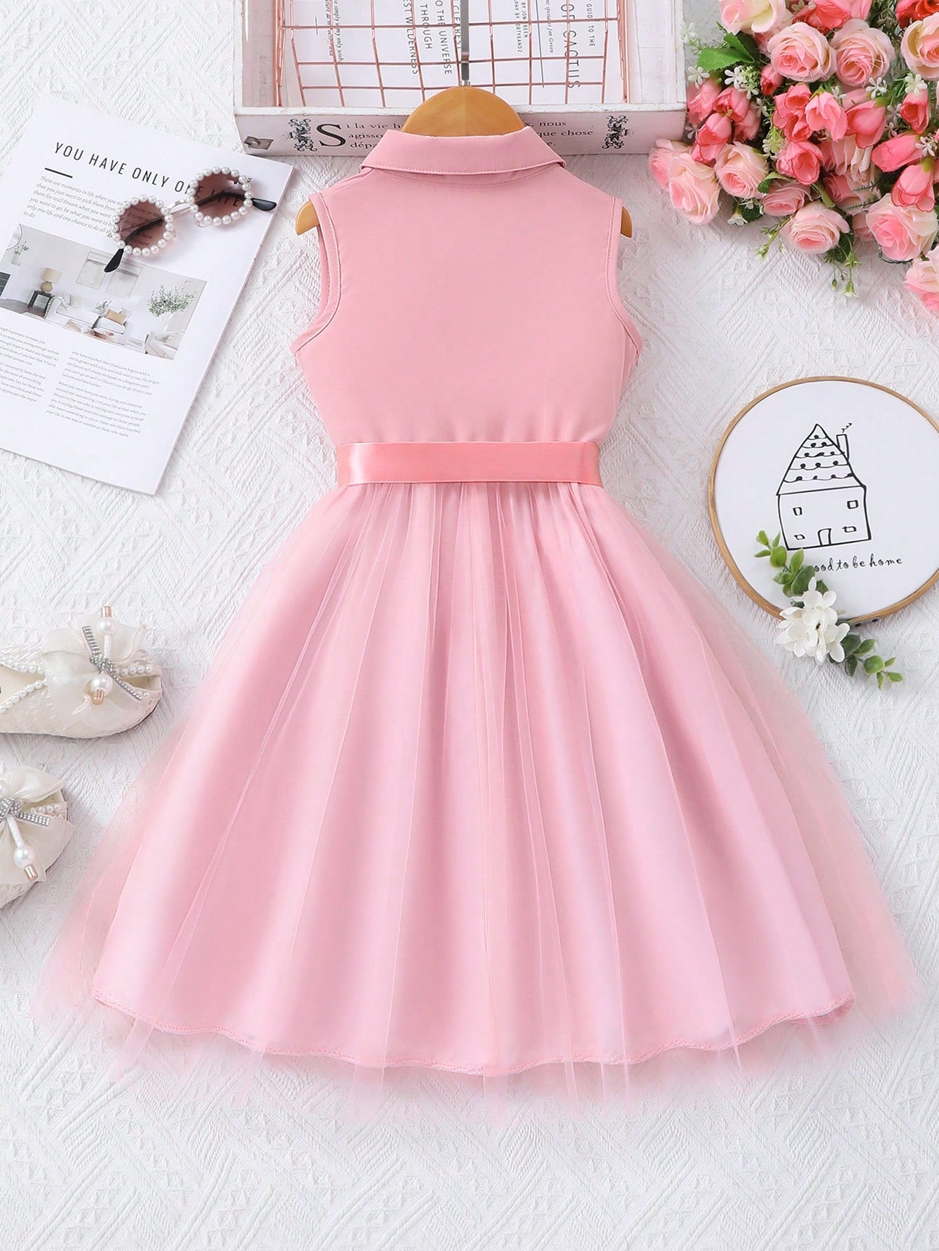 Girls Collared Button-Front Tulle Skirt Dress - Blush