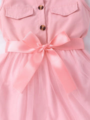 Girls Collared Button-Front Tulle Skirt Dress - Blush