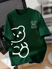 Boys Cartoon Bear Print Round Neck Tee - Forest Green