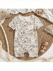 Boys Jungle Animal Print Knit Short Romper - Ecru