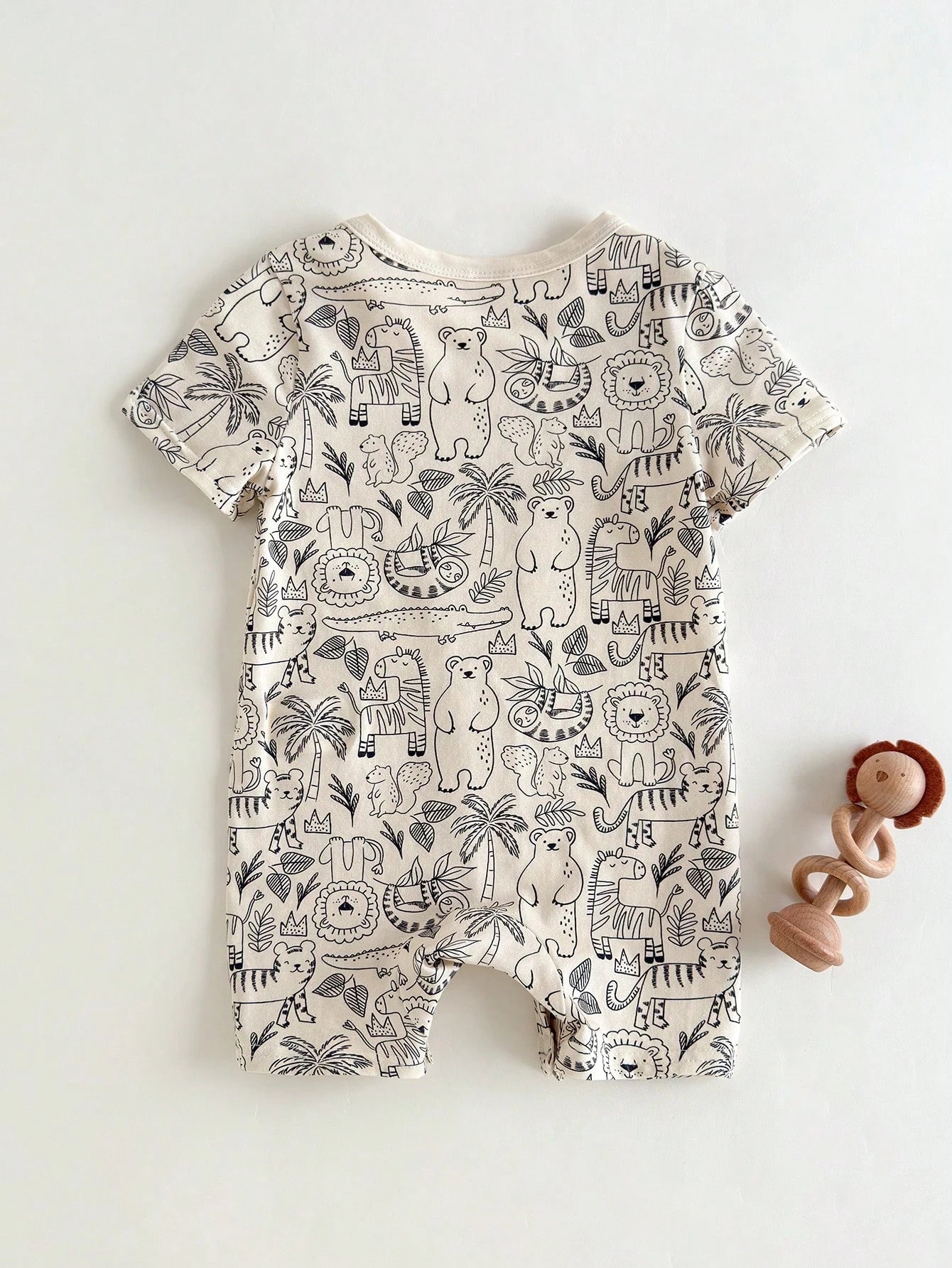 Boys Jungle Animal Print Knit Short Romper - Ecru