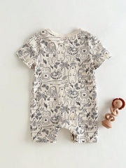 Boys Jungle Animal Print Knit Short Romper - Ecru