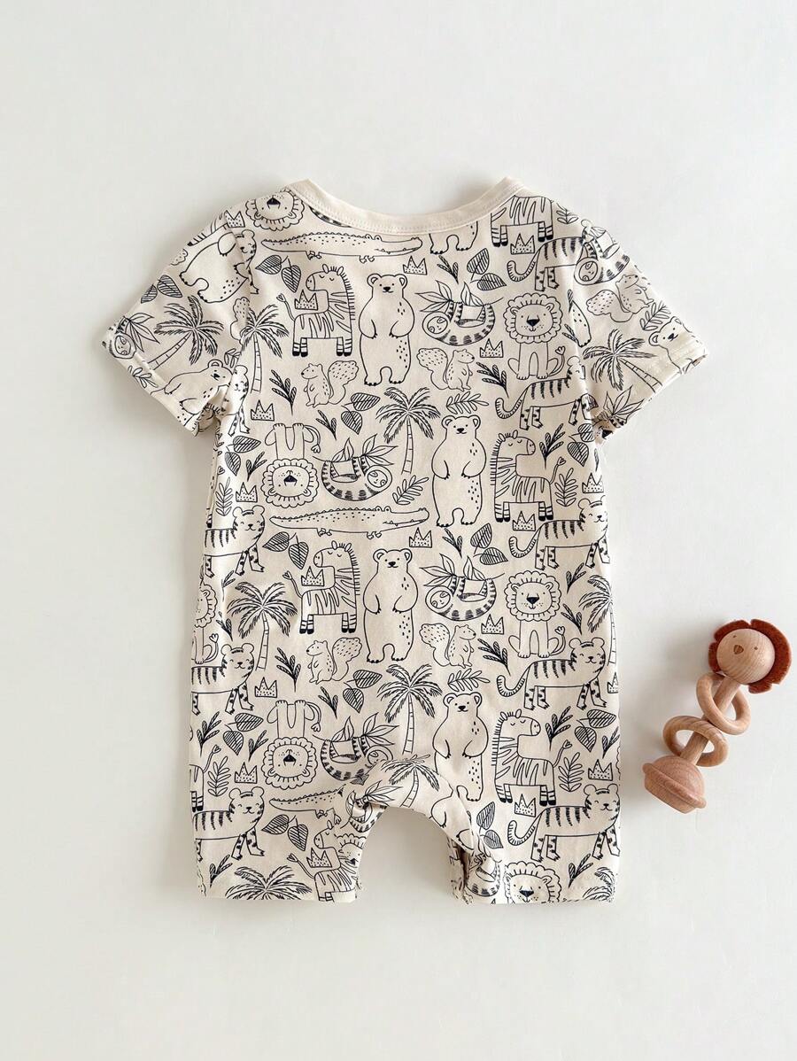 Boys Jungle Animal Print Knit Short Romper - Ecru