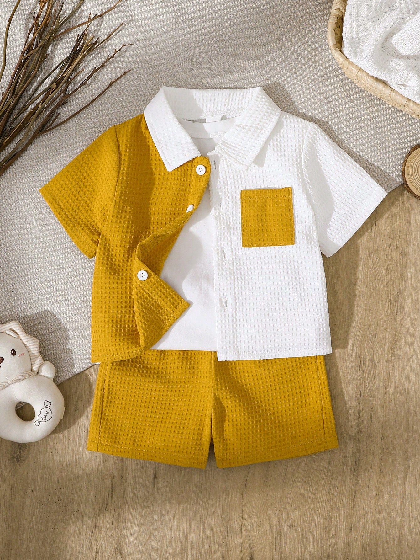 2pcs Boys Colourblock Waffle Shirt & Shorts Set - Ochre | 21 Centur...