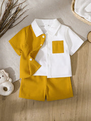2pcs Boys Colourblock Waffle Shirt & Shorts Set - Ochre | 21 Centur...