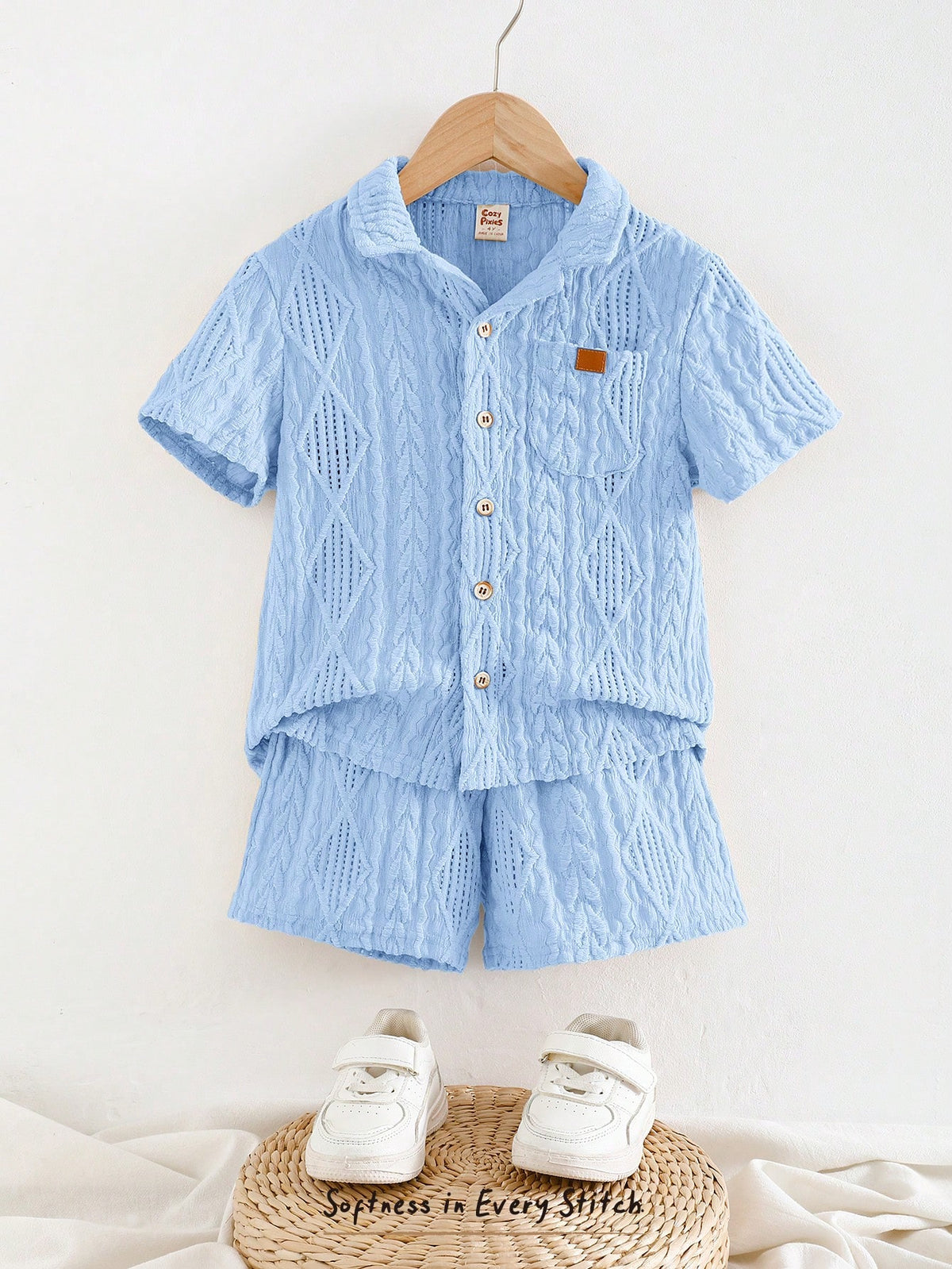 2pcs Boys Diamond Texture Shirt & Shorts Set - Cerulean