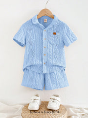 2pcs Boys Diamond Texture Shirt & Shorts Set - Cerulean
