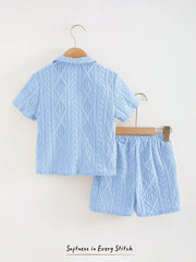 2pcs Boys Diamond Texture Shirt & Shorts Set - Cerulean
