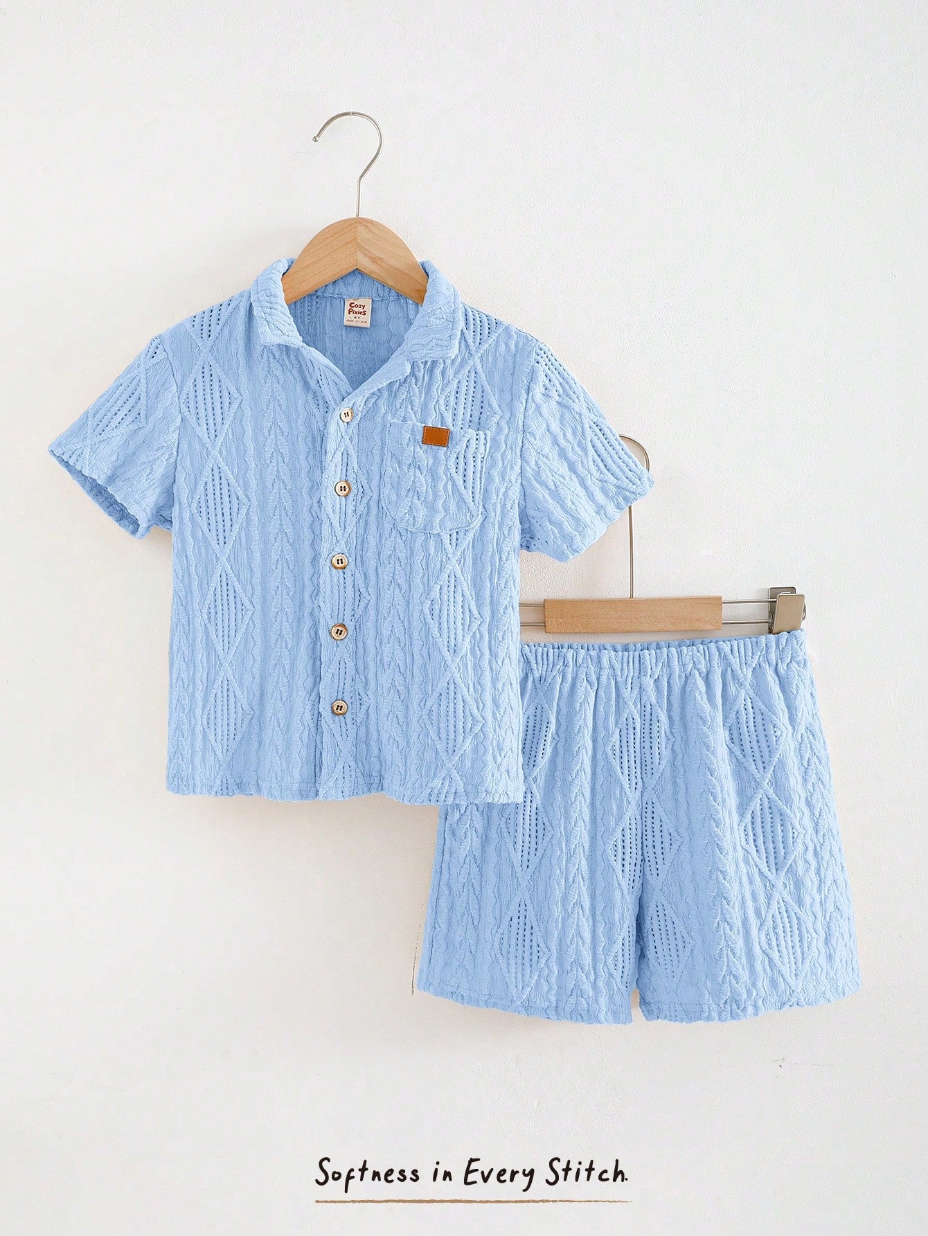 2pcs Boys Diamond Texture Shirt & Shorts Set - Cerulean