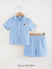 2pcs Boys Diamond Texture Shirt & Shorts Set - Cerulean