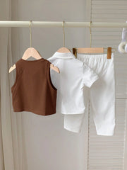 3pcs Boys Waffle Knit Vest, Shirt & Trousers Set - Wenge | 21 Centu...