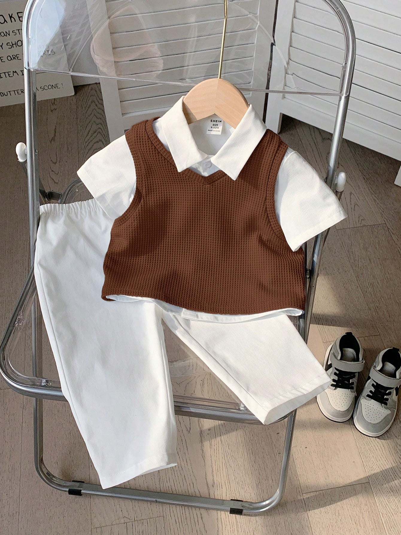 3pcs Boys Waffle Knit Vest, Shirt & Trousers Set - Wenge | 21 Centu...