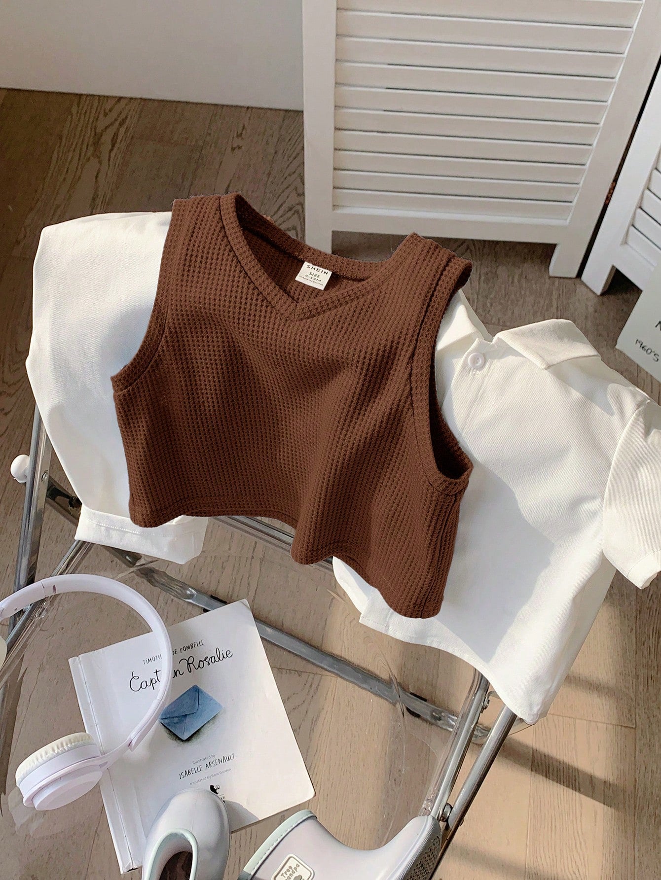 3pcs Boys Waffle Knit Vest, Shirt & Trousers Set - Wenge | 21 Centu...