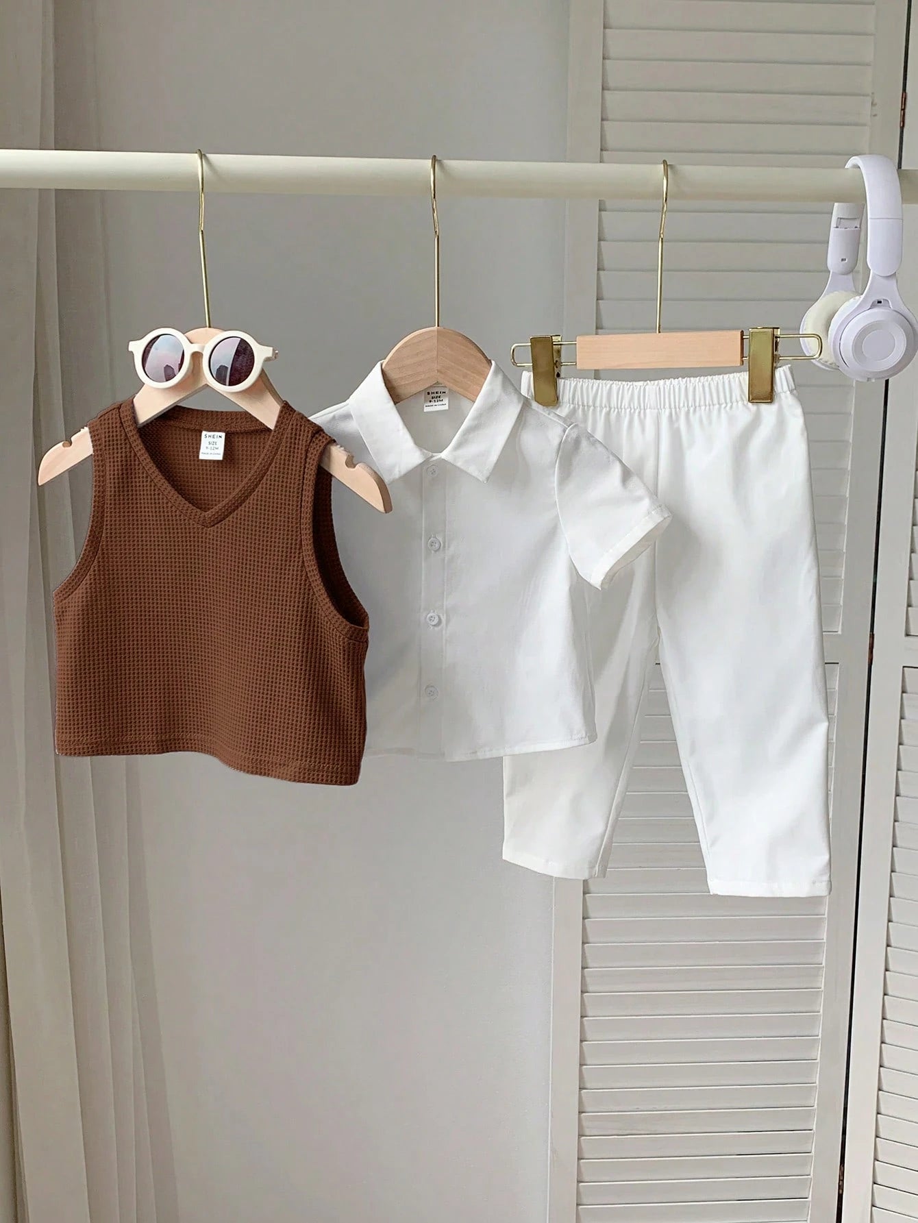 3pcs Boys Waffle Knit Vest, Shirt & Trousers Set - Wenge | 21 Centu...