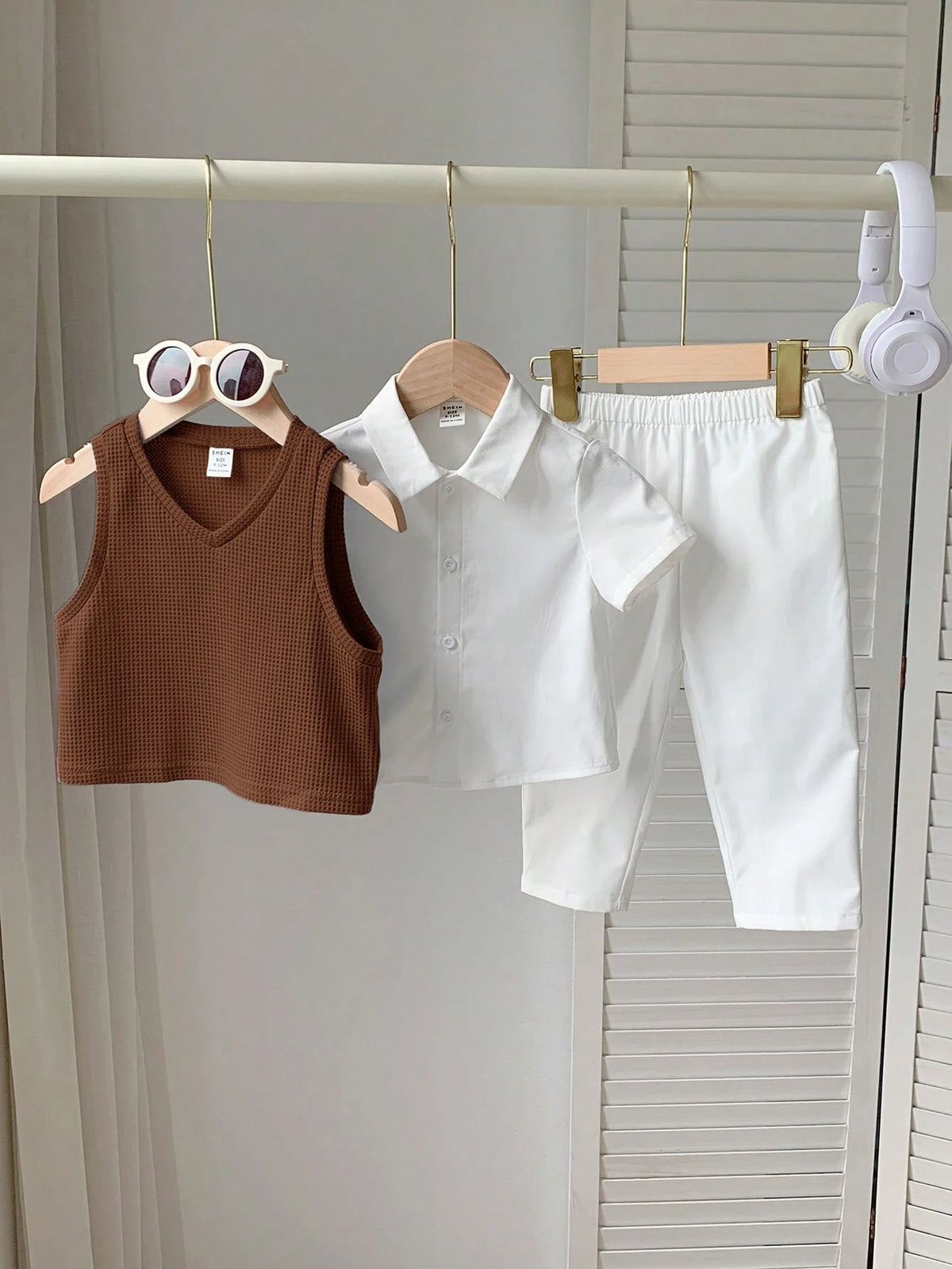 3pcs Boys Waffle Knit Vest, Shirt & Trousers Set - Wenge | 21 Centu...