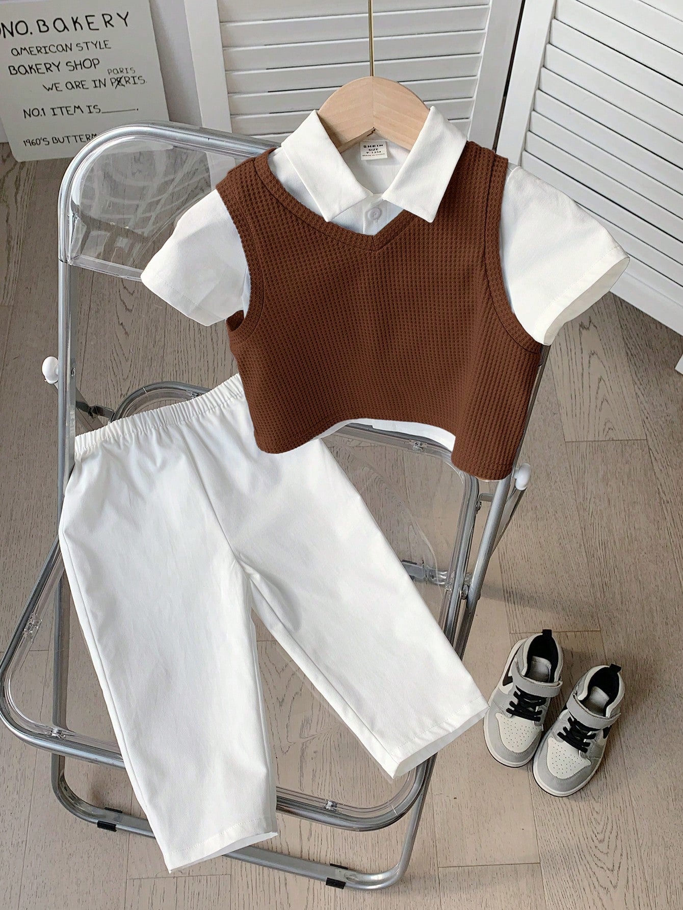 3pcs Boys Waffle Knit Vest, Shirt & Trousers Set - Wenge | 21 Centu...