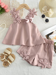 Girls 3D Floral Appliqué Camisole Top & Shorts - Dusty Rose