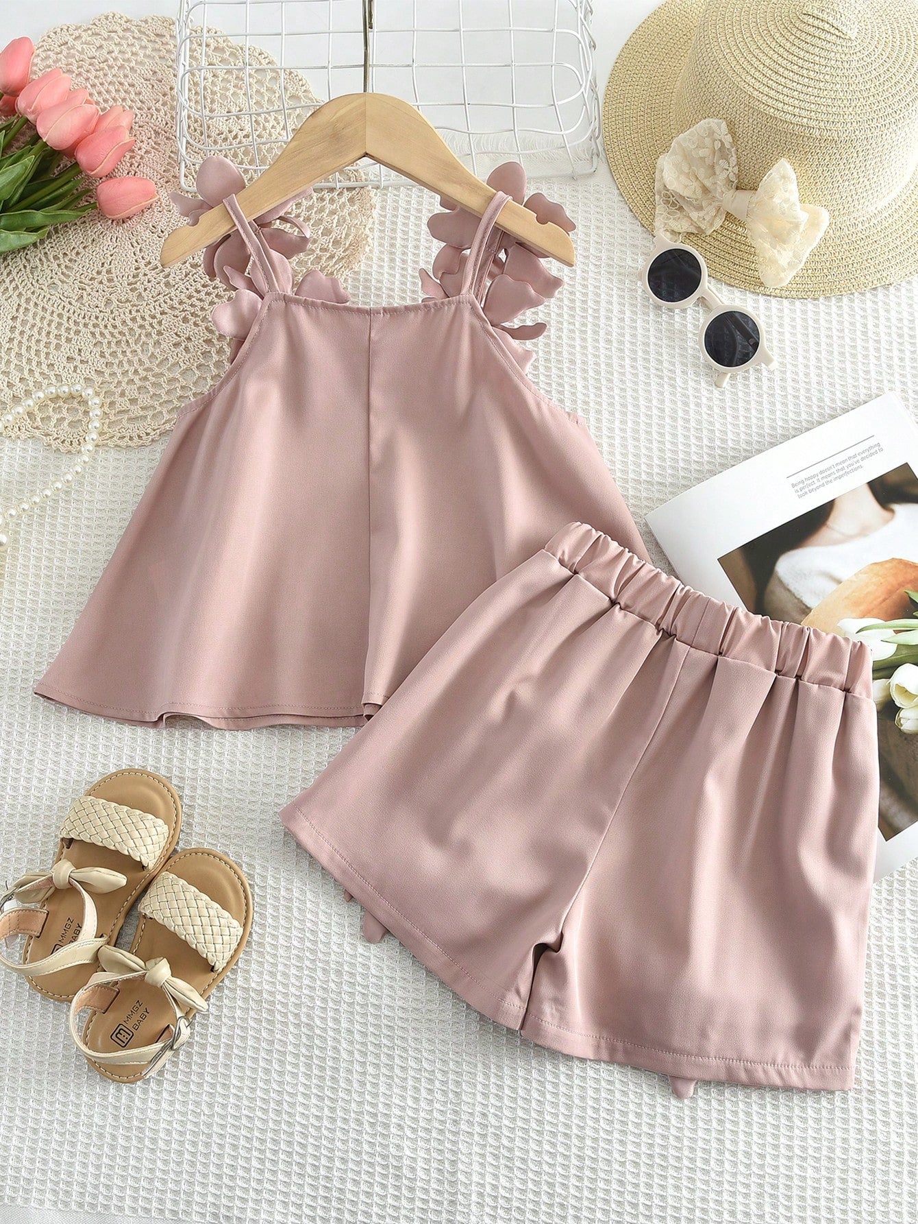 Girls 3D Floral Appliqué Camisole Top & Shorts - Dusty Rose