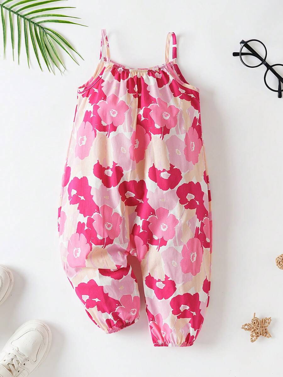 Baby Girls Floral Print Spaghetti Strap Jumpsuit - Blush